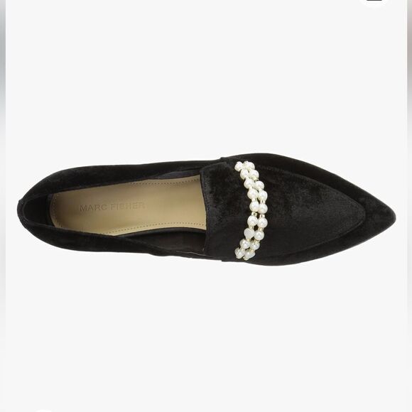 Marc Fisher Black Velvety Kneel Pearl Embellished Pointed Toe Slip On Loafer - Picture 4 of 16